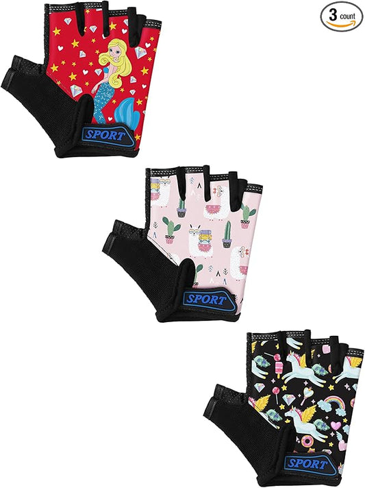 Boao 3 Pairs Kids Half Finger Bike Gloves Non-Slip Breathable Adjustable Birthday Gift for Boys Girls for Bike Workout