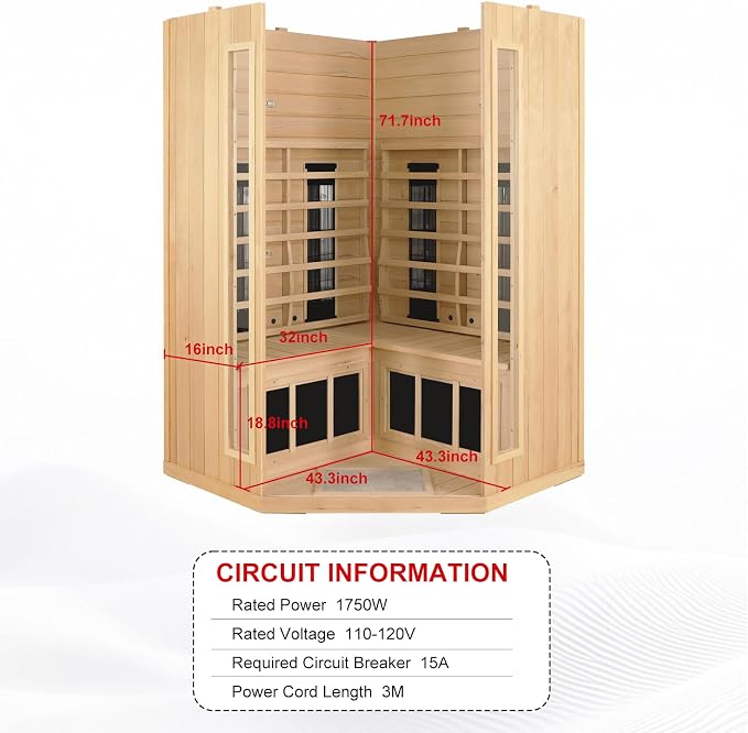 LTCCDSS Ceramic Far Infrared Sauna, Infrared Sauna 2-3 Person, Hemlock Indoor Sauna with 1750W, 5 Low EMF Heaters+4 Ceramic Heating Cube, 2 Bluetooth Speakers, Chromotherapy, LCD Display Dual Control