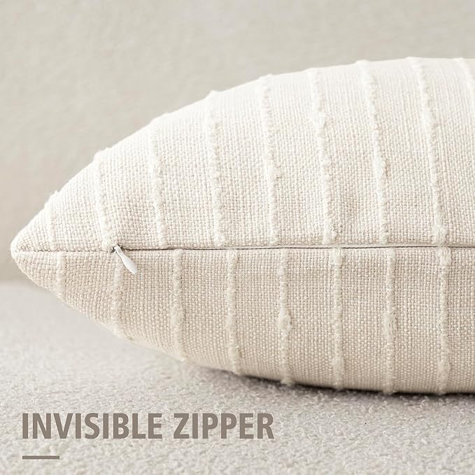 Foindtower Pack of 2 Decorative Jacquard Boucle Throw Pillow Covers Accent Textured Striped Pillowcases Soft Boho Modern Cushion for Couch Sofa Bedroom Living Room Home Decor 20x20 Inch Cream White