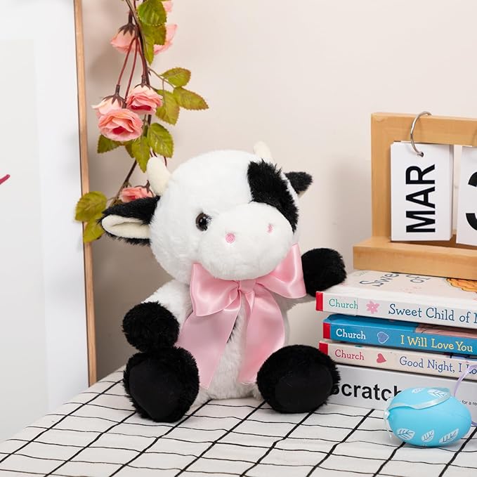 Cow Stuffed Animal Baby Cow Plush with Big Bow Tie Cute Plush Toy Gift for Kids 10''
