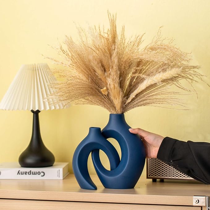 Lvases Snuggle Hollow Ceramic Flower Vase of 2, Minimalist Nordic Boho Vase | 8.4" Matte Navy Blue Home Decor Vase for Modern Aesthetic Ins Style Living Room Coffee Table Centerpieces Pampas Grass Dec