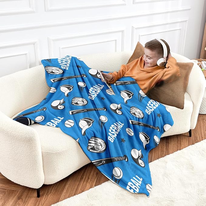 Wajade Baseball Gifts for Boys Girls - Baseball Blanket Birthday Christmas Decor for Kids Age 3 4 5 6 7 8 9 10 11 12 Years Old Teens Child Toddler Throw Blue 50"x60"