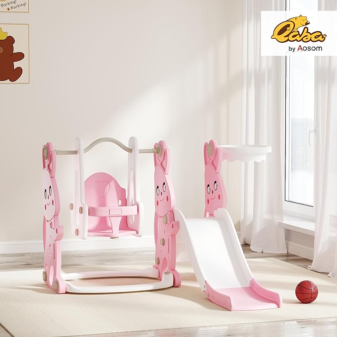 Qaba 4 in 1 Toddler Slide and Swing Set, Kids Playset for Ages 1.5-4, Rabbit Themed Children Slide Playground with Climber, Basket Hoop, for Indoor Outdoor Backyard, Pink