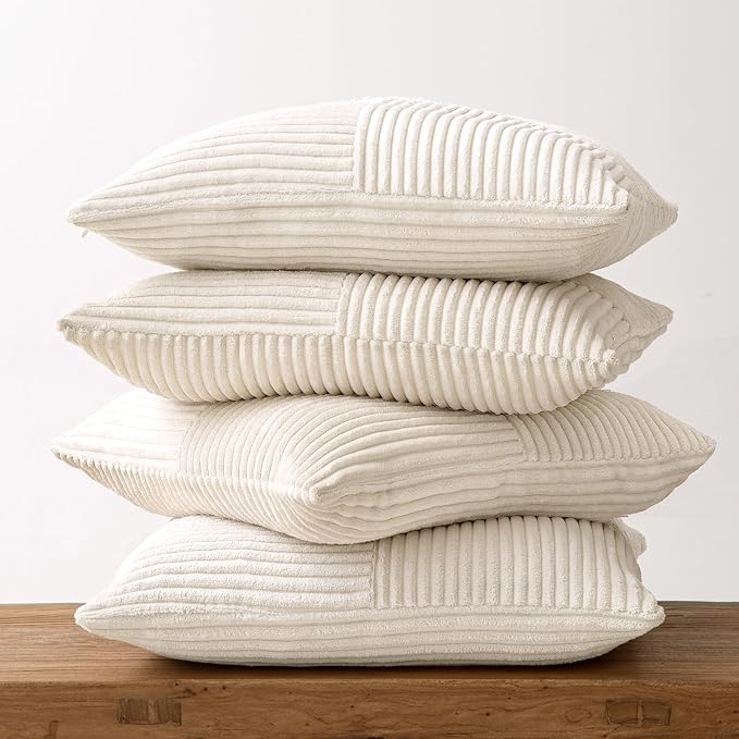 MIULEE Beige Throw Pillow Covers 16x16 Inch Set of 4 Boho Patchwork Cushion Cases Modern Farmhouse Pillow Cases with Invisible Zipper Corduroy Striped Home Decor for Couch Sofa Bedroom