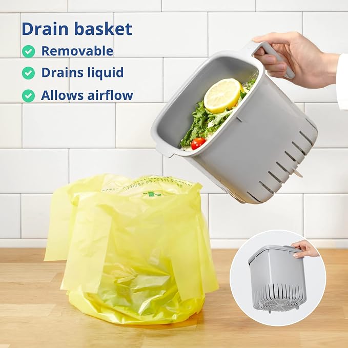 Blue Ginkgo Kitchen Compost Bin, 2.6L Countertop Compost Bin, White | Odor-Tight. Filter-Free. Dishwasher Safe.