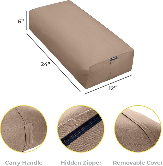 Extra Firm Large Yoga Bolster, 24" x 12" x 6" Cinched OR Zippered Yoga Pillow, Rectangular Cotton Cushion With Removable Cover for Studios, 1 Pack or 2 Pack