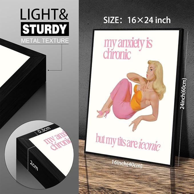 Funky Sexy Women Wall Art Funny Quote Social Anxiety Poster 60s 70s Vintage Housewife Canvas Prints 16X24 inch Black Framed for Apartment Wall Decor