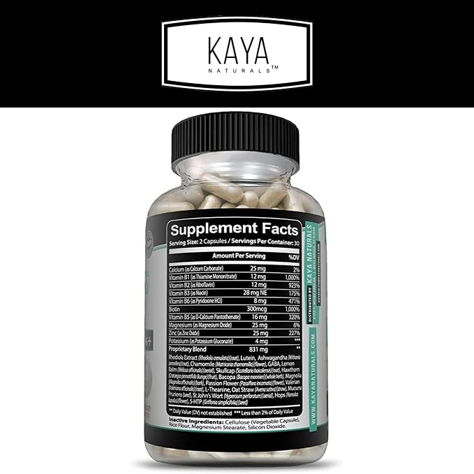 Kaya Naturals - Natural Herbal Stress Relief Support Vitamin Supplement to Relax and Calm The Mind - Boost Mood - Happy Pills - Anxiousness Support - 30 Capsules (Pack of 2)