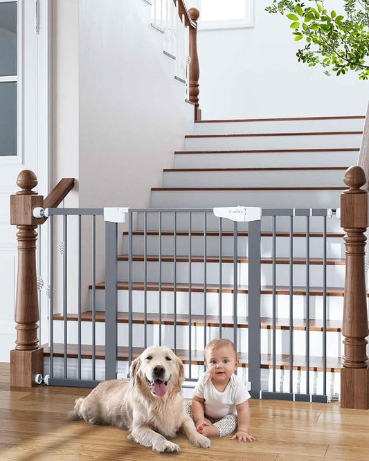 Cumbor 29.7-54.2" Wide Baby Gate for Stairs, Auto-Close Dog Gate Indoor for Doorways, No Drilling Pressure Mounted Pet Gates for Kids, Easy Walk Through Safety Gate, Gray