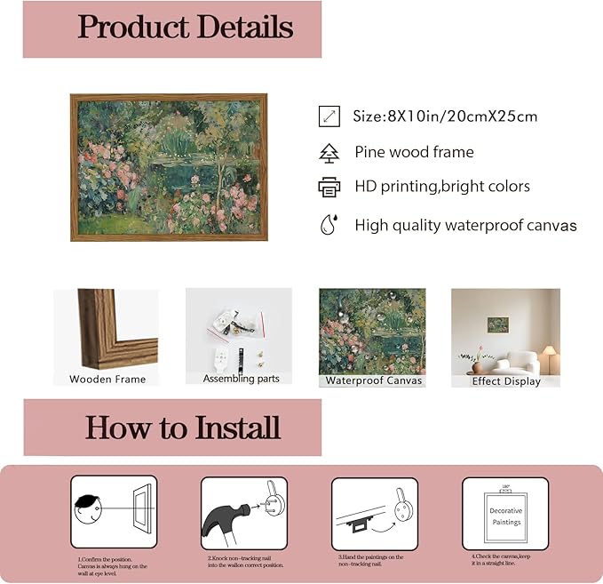 Framed Vintage Floral Landscape Canvas Wall Art, Rose Garden Pond Wall Decor Paintings, Rustic Cottagecore Nature Plant Pictures Prints Aesthetic Home Decor for Living Room Bedroom Bathroom 8x10 inch