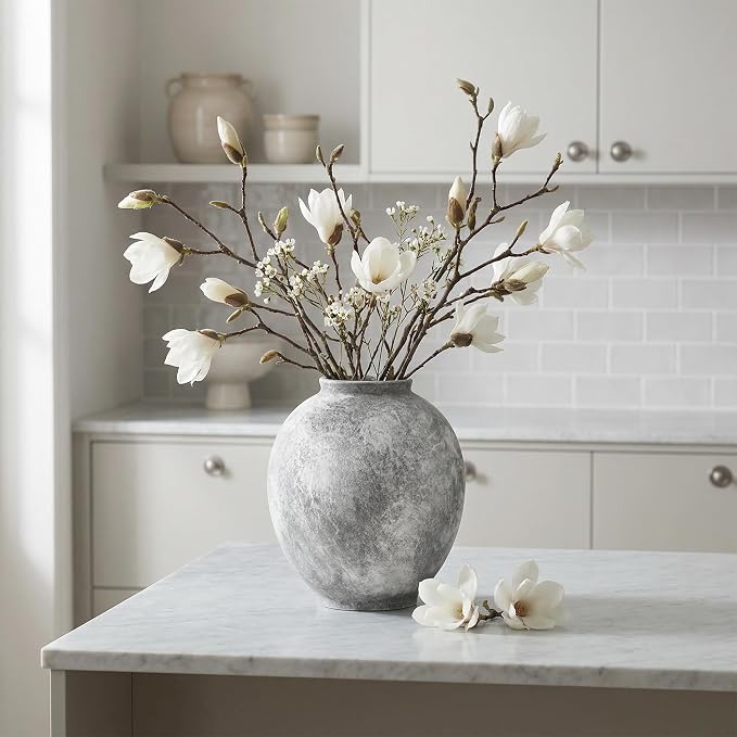 Starttag Large Ceramic Vase, 9.8 inch Rustic Farmhouse Flowers Vase for Home Decor, Sandstone Texture Round Pottery Tall Vase Indoor for Table Living Room Decor, Grey