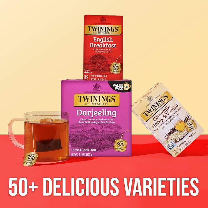 Twinings Darjeeling Black Tea Individually Wrapped Bags, 50 Count (Pack of 6), Delicate Light Taste, Caffeinated, Enjoy Hot or Iced, 300 Teabags