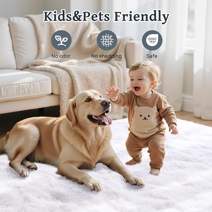 8x10 ft Fluffy White Rugs for Living Room Soft Fuzzy Bedroom Area Rug Non-Slip Shaggy Carpet for Nursery Kids PlayRoom Dorm Office Indoor Modern Plush Carpet Teens
