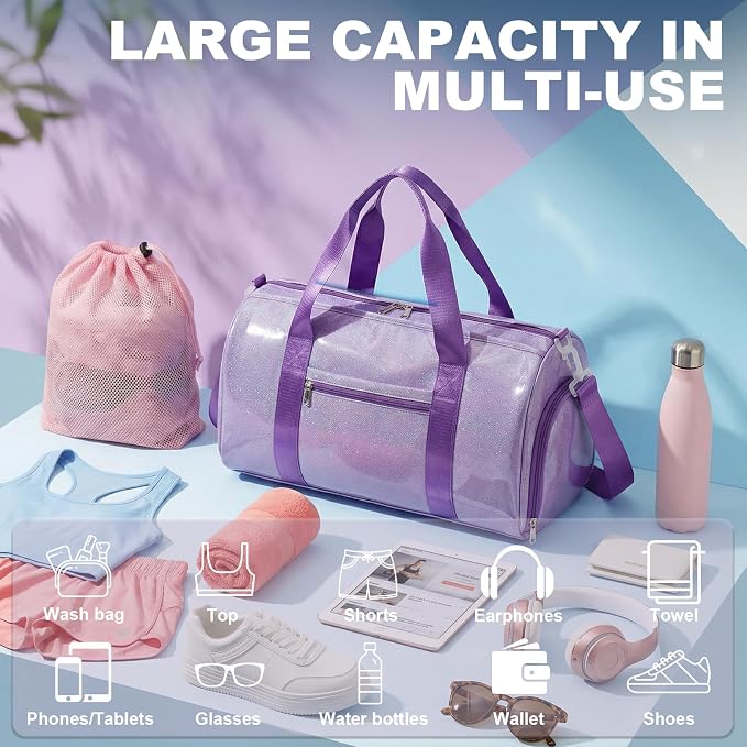 Gym Bag Sports Duffle Bag with Wet Pocket Weekender Overnight Bags with Waterproof Shoe Pouch and Air Hole for Girls Kids Women Workout Travel Bags (Purple)