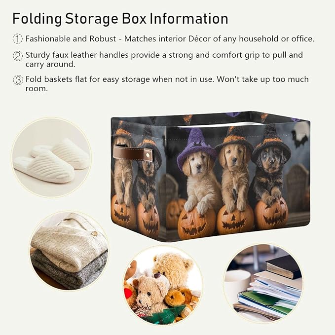 Aslsiy Storage Basket Puppies Witch Hat Pumpkin Halloween Nursery Bins Baby Box Canvas Clothes Shelf Basket Laundry Hampers 2 Pcs