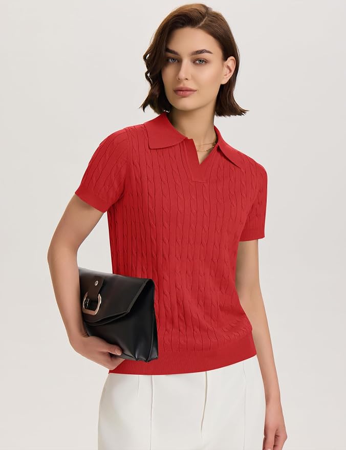 Micoson Womens Short Sleeve Sweater Tops Lapel V Neck Polo Shirts 2026 | Summer Cable Knit Loose Blouses, Business Casual Outfits