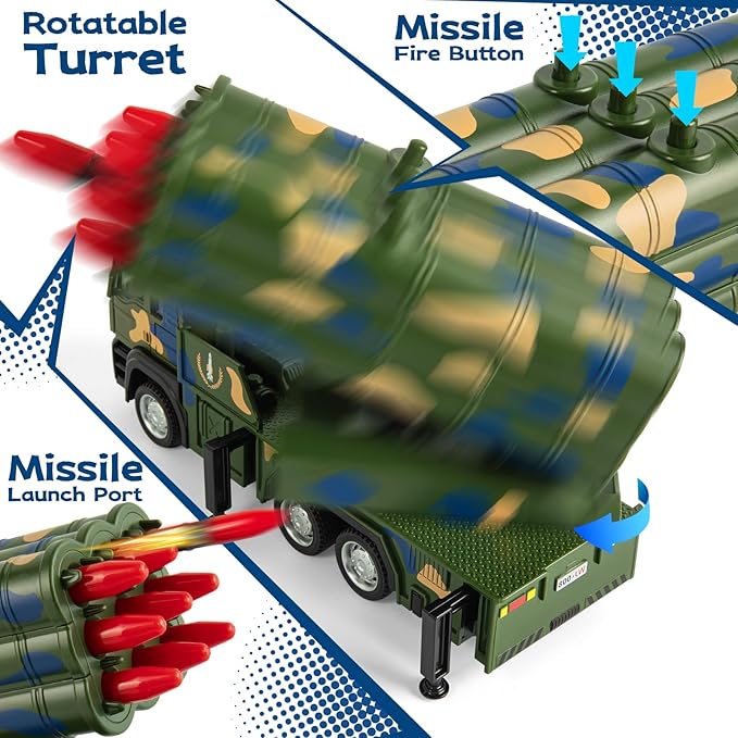 Army Truck Toy, Military Vehicle Toy with 9 Missile Launcher Alloy Cab, Die-cast Army Toy with Lights & Sounds, Birthday Party Gift for 3 4 5 6 Years Old Boys and Girls