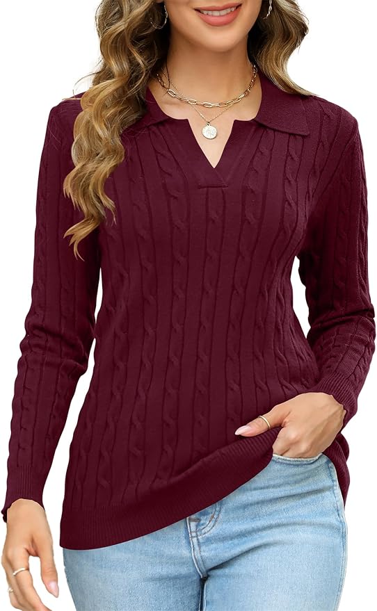 Micoson Womens Fall Long Sleeve Sweaters Lapel V Neck Cable Knitted Pullover Casual Soft Jumper Top
