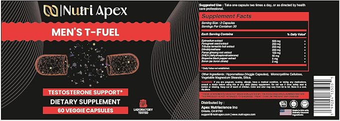 Testosterone Supplement for Men – Natural Herbal Blend with Fenugreek, Tribulus, Panax Ginseng & DHEA – Supports Energy, Stamina & Healthy T-Levels – 60 Veggie Capsules, Made in USA