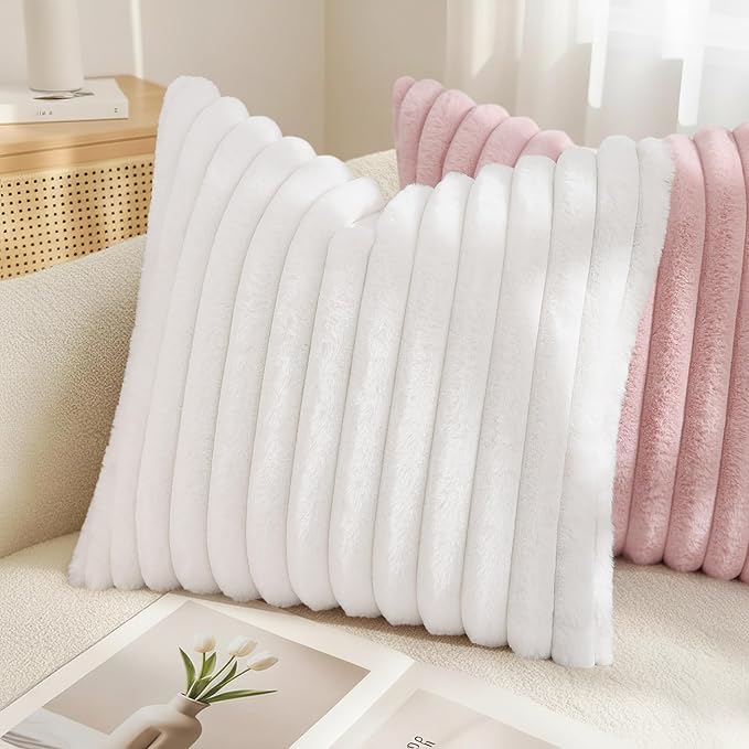decorUhome Fall Faux Fur Throw Pillow Covers 22x22 Set of 2 White | Decorative Soft Cozy Striped Plush Modern Farmhouse Boho Couch Pillow Cases Velvet Back for Sofa Bed Living Room Home Decor