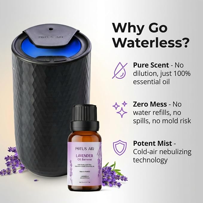 Waterless Essential Oil Diffuser Starter Kit with 15ml French Lavender Oil - Rechargeable Cordless Aromatherapy Machine for Home Bedroom Car Office Travel - 3 Mist Levels - 4 Timer - 24-Hour Battery