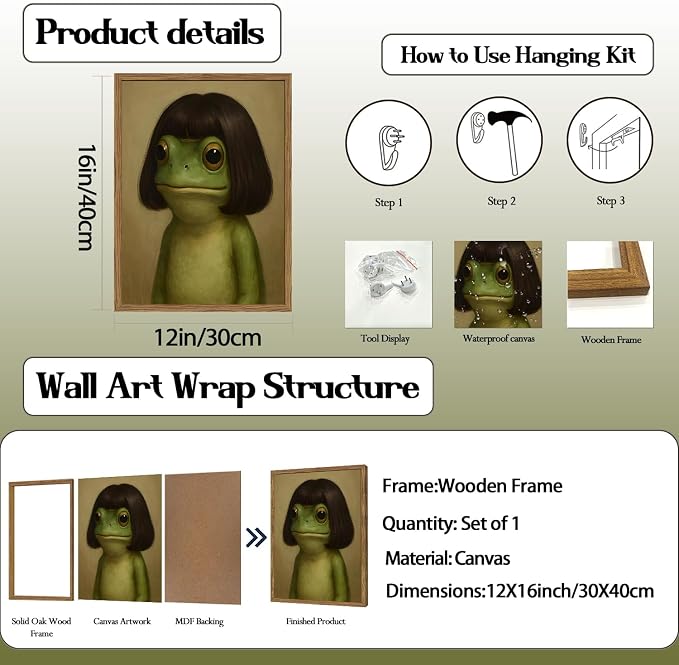 Funny Frog Wall Art, Whimsical Green Frog Wall Decor Painting Cute Animal Poster Canvas Prints Artwork for Living Room Bedroom Bathroom 12x16 inch Wood Framed