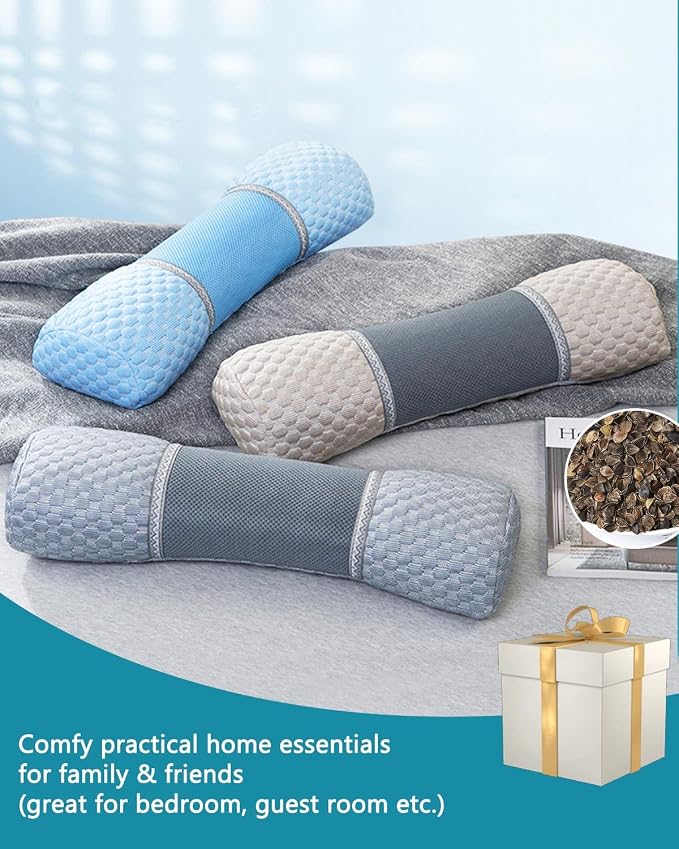 Buckwheat Cervical Pillow for Sleeping, Adjustable Roll Pillow for Neck Relief with Washable Pillowcase, Round Cylinder Bolster for Firm Support, 16.5x4.7 inch (Grey)