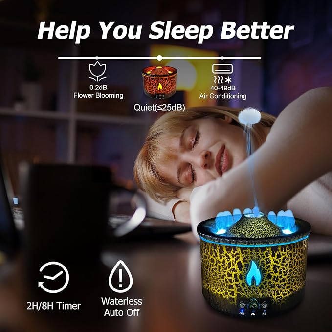 Volcano Diffuser, Essential Oil Diffuser 300ml Volcano Humidifier with Flame & Volcano Mist Mode, 2 Colors, Timer, Auto Shut-Off, Remote Control, Flame Diffusers for Home Bedroom Black