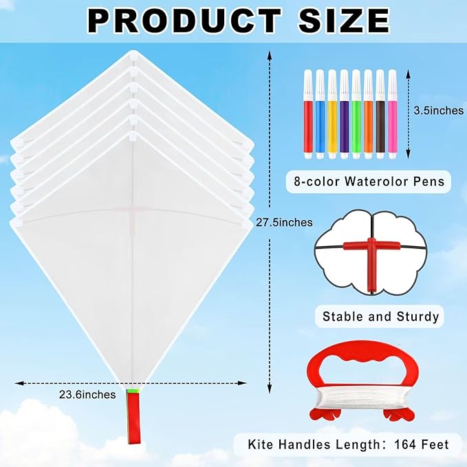 Mototo 6 Pack DIY Blank Kite Bulk White Beach Kite Making Kit Decorating Coloring Painting with 6 Packs Watercolor Pens and 164 feet String for Adults Kids Outdoor Park Beach Grassland Activities