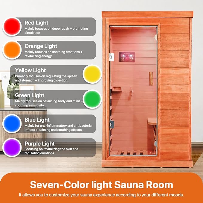 OUTEXER Far Infrared Sauna Home Sauna Spa Room Low-EMF Wood 1200W Indoor Saunas with 7 Color Light Tempered Glass Door, Room:35.2 * 27.6 * 61.6Inch