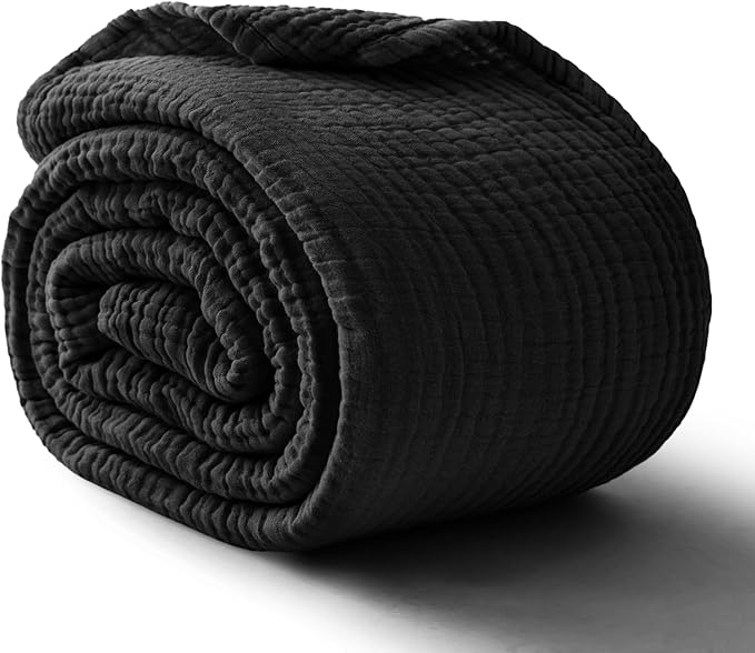 100% Cotton Muslin Blanket 50"x 60", 6 Layers Breathable and Lightweight Cotton Throw Blankets for Couch, Soft Cooling Summer Gauze Blanket for Adults All Season, Black