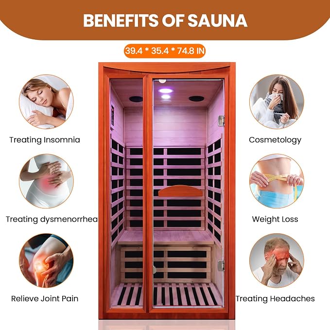 Infrared Sauna, Far Infrared Saunas for Home 1550W/110V Indoor Sauna for Single Person Wood Sauna Spacious 1-2 Person Low EMF Dry Sauna with Speakers/Air Hole and Color Lighting 39.4 * 35.4 * 74.8 in