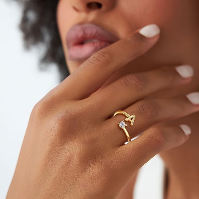 Eaciy Valentines Day Gifts for Kids Teen Girls - Initial Rings, Dainty 14K Gold Plated Adjustable Letter Rings Teen Girls Gift Trendy Stuff Non Tarnish Ring Birthday Valentines Day Gifts Jewelry