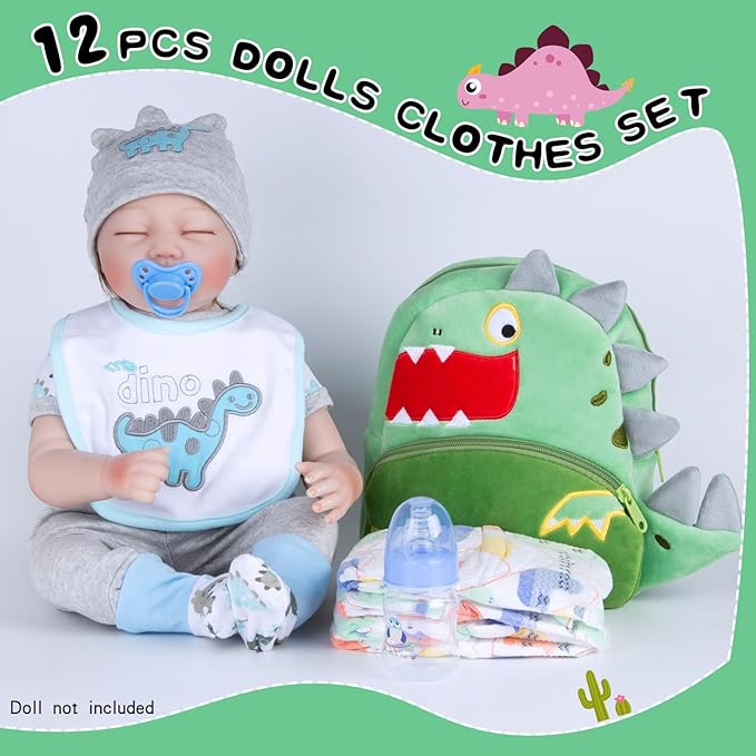 12 Pcs Reborn Baby Dolls Clothes with Backpack for 17-22 Inch Reborn Newborn Doll Clothes Dinosaur Outfits Accessories Baby Boy Doll Clothes Diaper +Bottle+Pacifier