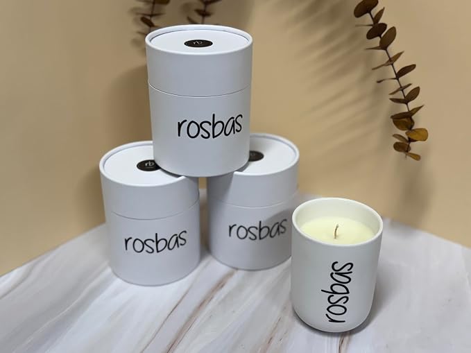 rosbas Palo Santo Soy Wax Candle - 8 oz in Ceramic Jar - Boxed - Clean Burning for Energy Cleansing - White - Made in USA