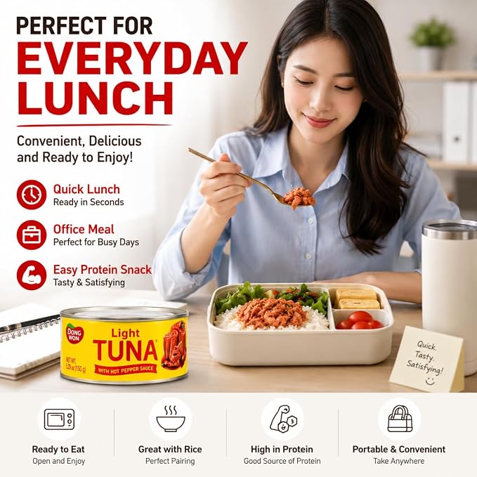 Dongwon Light Tuna with Hot Pepper Sauce, Korean Spicy Canned Tuna, Ready to Eat Tuna in Sauce, 5.29 oz Each, Pack of 4