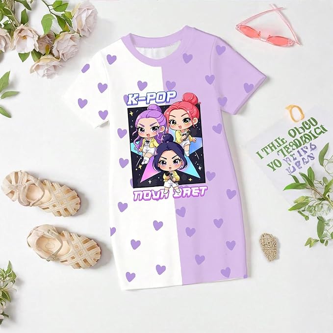 Girl's Anime K-POP Graphic Long Dress T-Shirt - Casual Loose Fit Short Sleeve Top