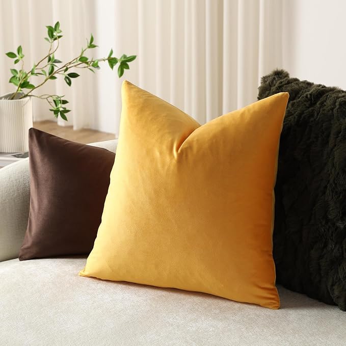 Throw Pillow Covers 20x20 Gold Yellow: Pack of 2 Cozy Soft Velvet Square Modern Luxury Decorative Throw Pillow Cases for Sofa Couch Living Room Bed Home Decor
