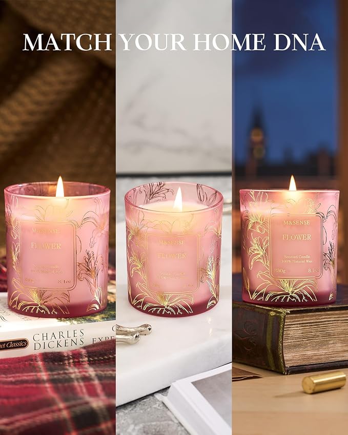 M&SENSE Jasmine Soy Candle, 8.1oz Gilded Glass Floral Gift | 42H Long Burn, Non-Toxic Soy, Gilded Glass, Romantic Floral Scent, Warmer Compatible, Reusable Vase
