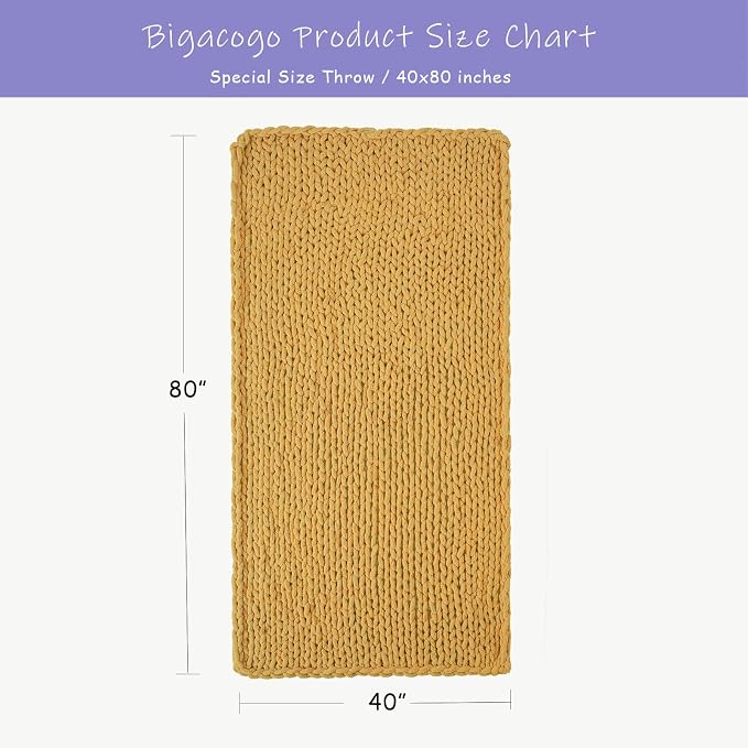 Bigacogo Chunky Knit Throw Blanket for Couch, 40x80 inches, Mustard Yellow | Hand Knit with Jumbo Chenille, Soft Breathable Cable Knit for Sofa Bed Living Room, Machine Washable, Gift for Mom Friend