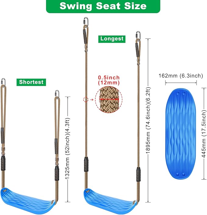SELEWARE Plastic Swing Seat, Non-Slip Tree Swing for Kids & Adults, Heavy Duty Playground Swing Set Accessories with Adjustable Ropes, Comfortable U-Shape Swing for Indoor/Outdoor Backyard, Blue