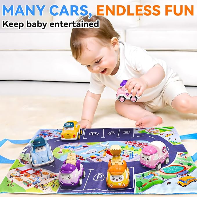 Mini Car Toys for 1 Year Old Boy Gifts, 12 Sets Pull-Back Trucks with Playmat for Toddlers Age 1-2, Baby Toys 12-18 Months, 1st Christmas Birthday Gifts for One Year Olds
