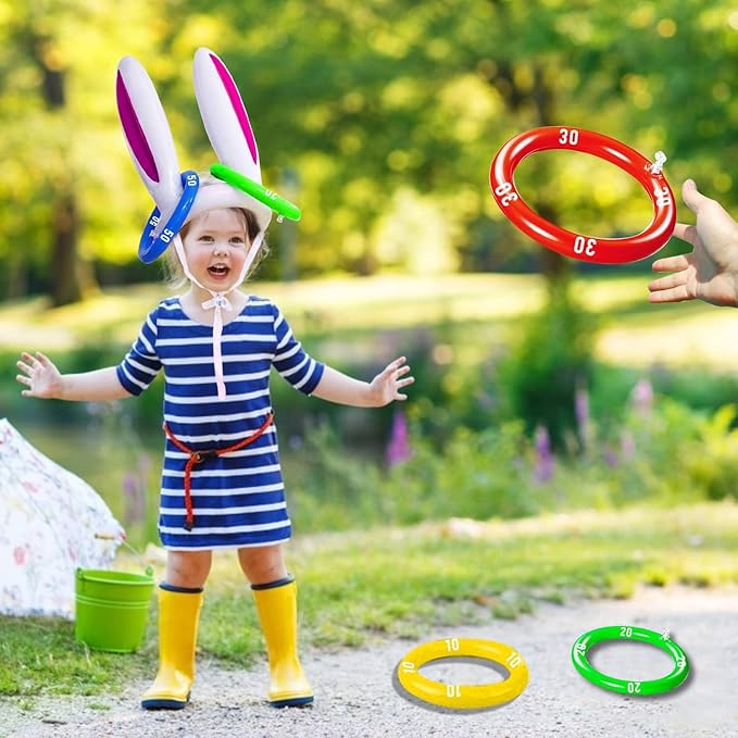 3 Pack Inflatable Easter Bunny Ring Toss Game with Score Ring - Easter Basket Essential for Kids Indoor Outdoor Rabbit Ears Toss Toy, Family Party Games School Carnival Activities(3 Set & 12 Rings)