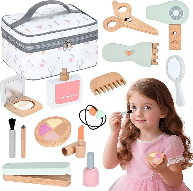 Ehome Wooden Makeup Toy Set, Wooden Salon Toys Toddler Pretend Makeup Kit for Little Girls Princess Gift Wood Play Make Up Beauty Set Toys for Girls Age 3 - 9 Birthday Christmas