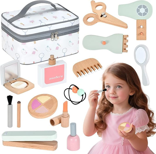 Ehome Wooden Makeup Toy Set, Wooden Salon Toys Toddler Pretend Makeup Kit for Little Girls Princess Gift Wood Play Make Up Beauty Set Toys for Girls Age 3 - 9 Birthday Christmas