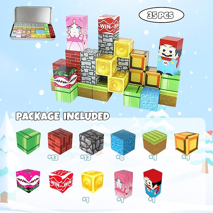 Mini Magnetic Cubes, 35PCS Toddler Educational Travel Building Toys with Iron Storage Box, Birthday Gift for Boys Girls 4-8, STEM Learning Set for Kids 3-5