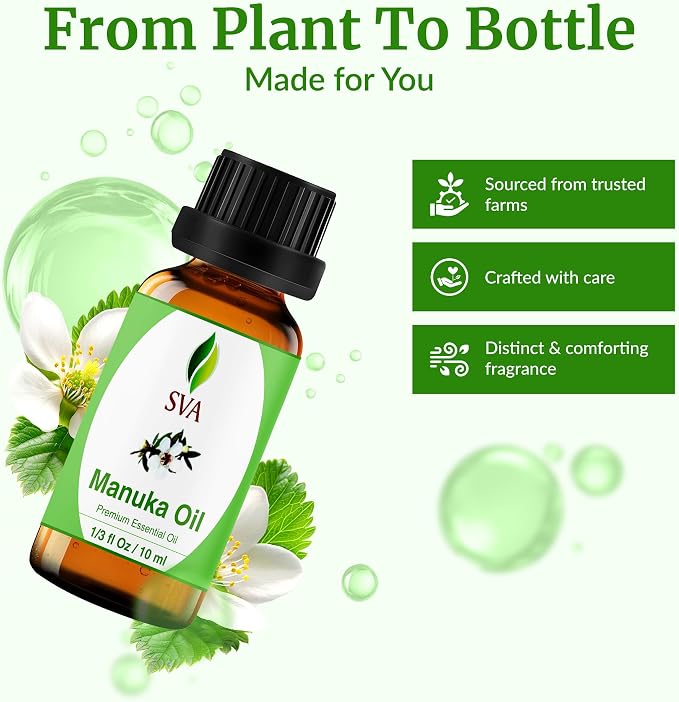 SVA Manuka Essential Oil 1/3 Fl Oz – for Diffuser, Skin & Hair Care – Ideal for Massage & DIY Blends – with Dropper