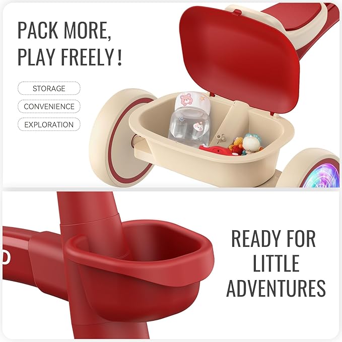 SEREED Colorful Lighting Toddler Tricycle for 2-5 Years Old Boys Girls, Adjustable Seat&Handlebar Trike, Removable Basket, Birthday Gift Idea for Kids Ages 2+ (Red)