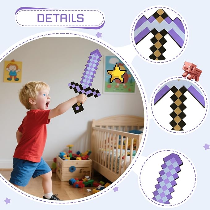 Foam Sword and Pickaxe Set Kids Role Play Toys for Halloween, Cosplay Video Game Parties