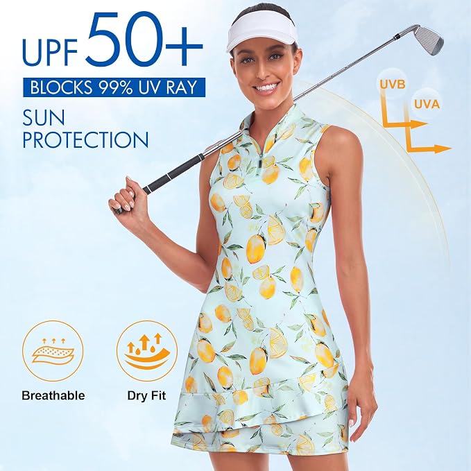 Viracy Tennis Dress for Women Sleeveless Golf Dresses with Shorts and Pockets Ruffle Zip Up Stand Collar Golf Outfits
